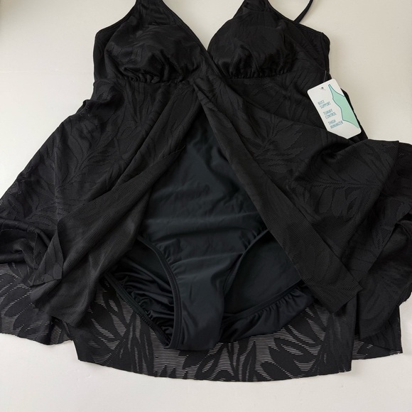 Swim Solutions Swimsuit Womens 16 Black Leaves One Piece Flyaway Swimdress - Picture 7 of 14